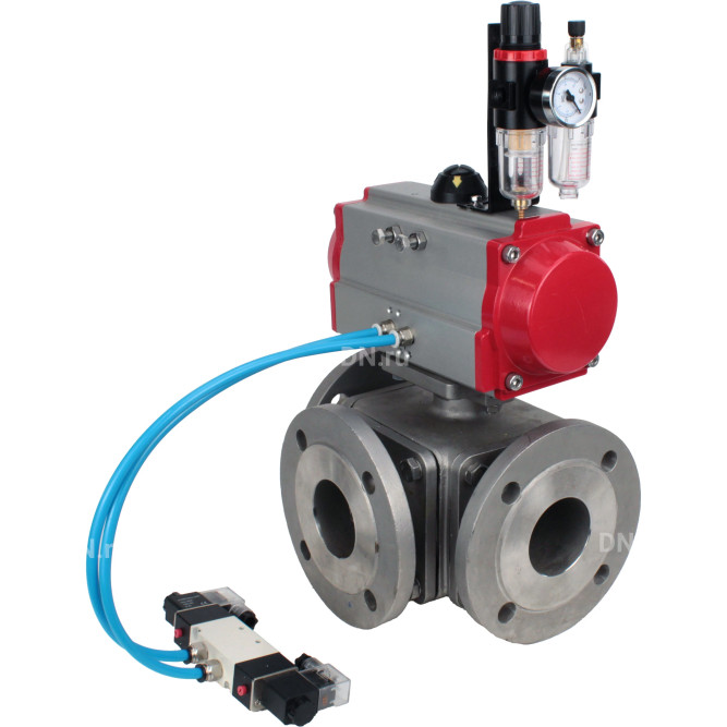 Кран шаровой BV3232P(4pc)-FP-3WL-F Ду25 Ру16 полнопроходной трехходовой, фланцевый, корпус - нержавеющая сталь SS316, с пневмоприводом PA-DA-052 двойного действия, пневмораспределителем 4V320-08 AC220V и БПВ AFC2000 в Барнауле