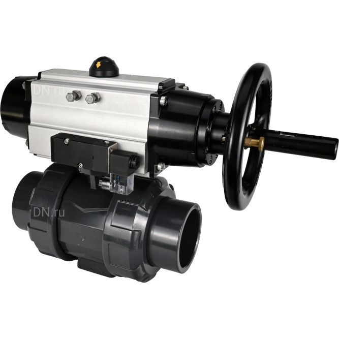 Кран шаровой BV4242E-FP-GRM-ISO Дн80 Ру10 полнопроходной, корпус - НПВХ, шар - НПВХ, уплотнение - EPDM, с пневмоприводом PA-DA-105-1 и пневмораспределителем 4M310-08 DC24V в Барнауле