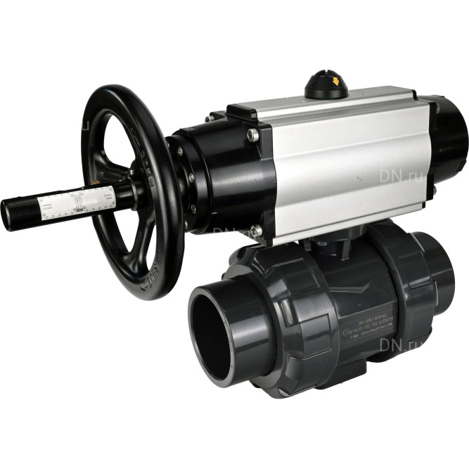 Кран шаровой BV4242E-FP-GRM-ISO Дн80 Ру10 полнопроходной, корпус - НПВХ, шар - НПВХ, уплотнение - EPDM, с пневмоприводом PA-DA-105-1 и пневмораспределителем 4M310-08 DC24V в Барнауле