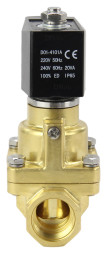 Клапан электромагнитный VS1000-PT-NC-220VAC 1 1/4″ Ду32 Ру12 соленоидный двухходовой поршневой, резьбовой, корпус - латунь, уплотнение - PTFE, пилотного действия, нормально закрытый, катушка - 220В AC