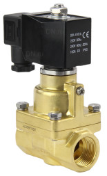 Клапан электромагнитный VS1000-PT-NC-220VAC 1 1/4″ Ду32 Ру12 соленоидный двухходовой поршневой, резьбовой, корпус - латунь, уплотнение - PTFE, пилотного действия, нормально закрытый, катушка - 220В AC