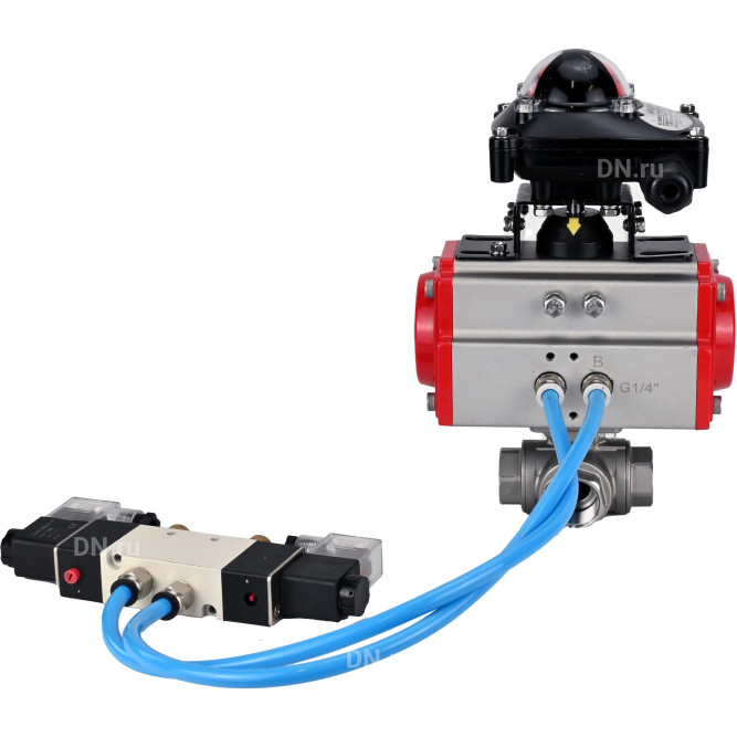 Кран шаровой BV3232P(4pc)-SP-3WL-T-ISO-H Ду32 Ру63, стандартнопроходной, четырехсоставной, корпус - нержавеющая сталь 316, уплотнение - PTFE, внутренняя резьба, с пневмоприводом PA-SA-065, пневмораспределителем 4V320-08 AC220V, БКВ APL-210N в Барнауле