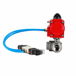 Кран шаровой BV3232P(4pc)-SP-3WT-T-ISO-H WDVF Ду25 Ру63 стандартнопроходной, 3-ходовой Т-тип, внутренняя резьба, корпус - нержавеющая сталь AISI 316, уплотнение - PTFE, с пневмоприводом PA-DA-065 и пневмораспределителем 4V320-10 AC220V