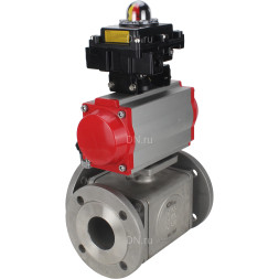 Кран шаровой BV3232P(4pc)-FP-3WL-F Ду25 Ру16 полнопроходной трехходовой, фланцевый, корпус - нержавеющая сталь SS316, с пневмоприводом PA-DA-052 двойного действия, пневмораспределителем 4M310-08 AC220V и БКВ APL-410N EX