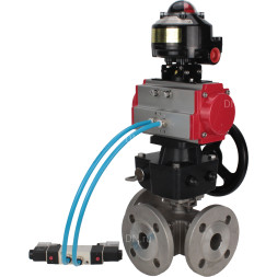 Кран шаровой BV3232P(4pc)-FP-3WL-F Ду40 Ру16 полнопроходной трехходовой, фланцевый, нержав.сталь SS316, с пневмоприводом PA-DA-065 двойн.действия, пневмораспределителем 4V320-10 AC220V, БКВ APL-510N EX и ручным дублером MON1-250-T26-ISO