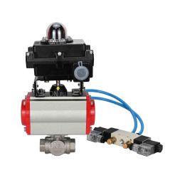Кран шаровой BV3232P(4pc)-SP-3WL-T-ISO-H Ду20 Ру63, стандартнопроходной, четырехсоставной, корпус - нержавеющая сталь 316, уплотнение - PTFE, внутренняя резьба, с пневмоприводом PA-SA-052, пневмораспределителем 4V320-08 AC220V, БКВ APL-410N Ex