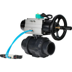 Кран шаровой BV4242E-FP-GRM-ISO Дн40 Ру10 полнопроходной, корпус - НПВХ, шар - НПВХ, уплотнение - EPDM, с пневмоприводом PA-DA-105-1, пневмораспределителем 4V320-08 AC220V и магнитным переключателем ALS200D
