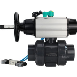 Кран шаровой BV4242E-FP-GRM-ISO Дн40 Ру10 полнопроходной, корпус - НПВХ, шар - НПВХ, уплотнение - EPDM, с пневмоприводом PA-DA-105-1, пневмораспределителем 4V320-08 AC220V и магнитным переключателем ALS200D