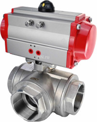 Кран шаровой BV3232P(4pc)-SP-3WL-T-ISO-H Ду32 Ру63 стандартнопроходной L-тип, трехходовой, нержавеющая сталь SS316, внутренняя резьба, уплотнение - PTFE, с пневмоприводом PA-DA-52 двойного действия