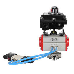 Кран шаровой BV3232P(4pc)-SP-3WL-T-ISO-H Ду80 Ру40, стандартнопроходной, четырехсоставной, корпус - нержавеющая сталь 316, уплотнение - PTFE, внутренняя резьба, с пневмоприводом PA-DA-083, пневмораспределителем 4V320-10 AC220V, БКВ APL-410N Ex