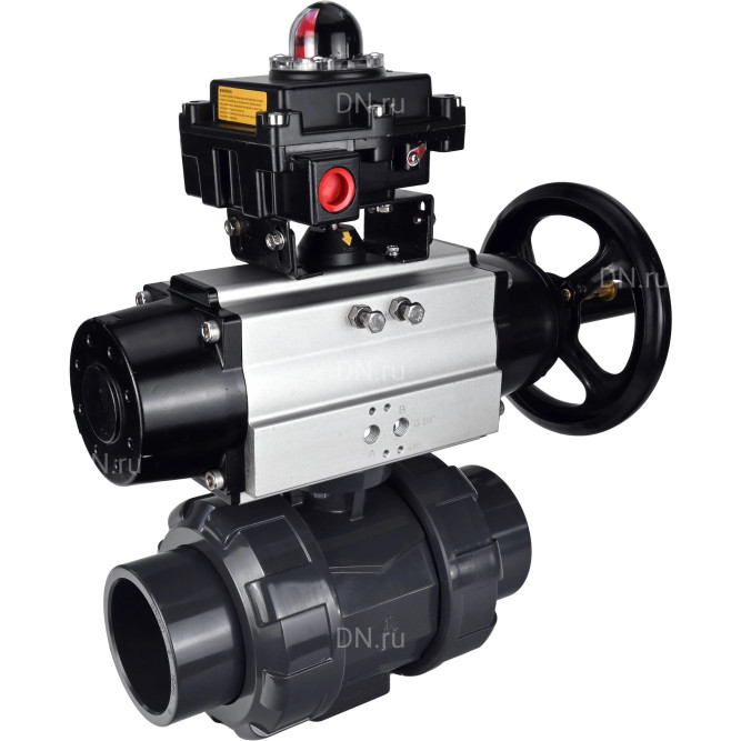 Кран шаровой BV4242E-FP-GRM-ISO Дн100 Ру10 полнопроходной, корпус - НПВХ, шар - НПВХ, уплотнение - EPDM, с пневмоприводом PA-DA-105-1 и БКВ APL-410N EX в Барнауле