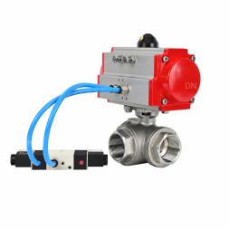 Кран шаровой BV3232P(4pc)-SP-3WL-T-ISO-H WDVF Ду65 Ру40 стандартнопроходной, 3-ходовой L-тип, внутренняя резьба, корпус - нержавеющая сталь AISI 316, уплотнение - PTFE, с пневмоприводом PA-DA-105 и пневмораспределителем 4V320-10 AC220V