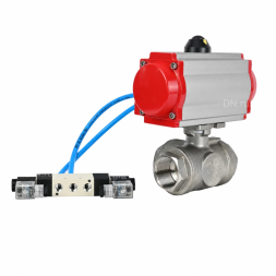 Кран шаровой BV3232P(4pc)-SP-3WL-T-ISO-H WDVF Ду65 Ру40 стандартнопроходной, 3-ходовой L-тип, внутренняя резьба, корпус - нержавеющая сталь AISI 316, уплотнение - PTFE, с пневмоприводом PA-DA-105 и пневмораспределителем 4V320-10 AC220V