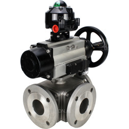 Кран шаровой BV3232P(4pc)-FP-3WL-F Ду100 Ру16 полнопроходной трехходовой, фланцевый, корпус - нержавеющая сталь SS316, с пневмоприводом PA-DA-105-1 двойного действия, пневмораспределителем 4M310-08 AC220V и БКВ APL-510N EX