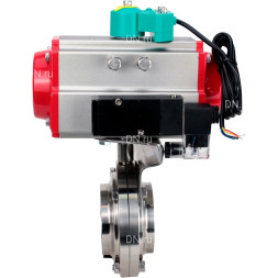 Затвор дисковый поворотный WBV3131S-2W-W-H Ду32 Ру10, под приварку, пищевая нержавеющая сталь 304, уплотнение - Silicon, с пневмоприводом PA-SA-065, пневмораспределителем 4M320-10 AC220V и магнитным переключателем ALS200D