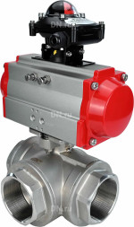 Кран шаровой BV3232P(4pc)-SP-3WL-T-ISO-H Ду50 Ру63 стандартнопроходной трехходовой L-тип, нерж. сталь SS316, внутренняя резьба, уплотнение - PTFE, с пневмоприводом PA-SA-83 и блоком концевых выключателей APL-210N