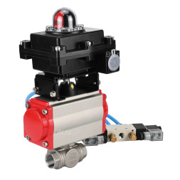 Кран шаровой BV3232P(4pc)-SP-3WL-T-ISO-H Ду32 Ру63, стандартнопроходной, четырехсоставной, корпус - нержавеющая сталь 316, уплотнение - PTFE, внутренняя резьба, с пневмоприводом PA-SA-065, пневмораспределителем 4V320-08 AC220V, БКВ APL-410N Ex