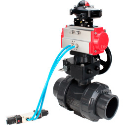 Кран шаровой BV4242E-FP-GRM-ISO Дн20 Ру10 полнопроходной, корпус - НПВХ, шар - НПВХ, уплотнение - EPDM, с пневмоприводом PA-DA-052, пневмораспределителем 4V320-10 AC220V, ручным дублером MON1-250-T26-ISO и БКВ APL-210N