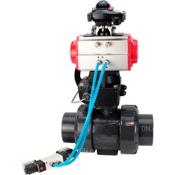 Кран шаровой BV4242E-FP-GRM-ISO Дн20 Ру10 полнопроходной, корпус - НПВХ, шар - НПВХ, уплотнение - EPDM, с пневмоприводом PA-DA-052, пневмораспределителем 4V320-10 AC220V, ручным дублером MON1-250-T26-ISO и БКВ APL-210N