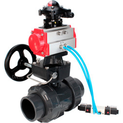 Кран шаровой BV4242E-FP-GRM-ISO Дн20 Ру10 полнопроходной, корпус - НПВХ, шар - НПВХ, уплотнение - EPDM, с пневмоприводом PA-DA-052, пневмораспределителем 4V320-10 AC220V, ручным дублером MON1-250-T26-ISO и БКВ APL-210N