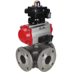 Кран шаровой BV3232P(4pc)-FP-3WL-F Ду100 Ру16 полнопроходной трехходовой, фланцевый, корпус - нержавеющая сталь SS316, с пневмоприводом PA-DA-105 двойного действия, пневмораспределителем 4M310-08 DC24V и БКВ APL-410N EX