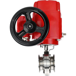 Затвор дисковый поворотный WBV3131E-2W-C-H Ду25 Ру10 кламповый, корпус - пищевая нержавеющая сталь 304, уплотнение - EPDM, с электроприводом QT-EX-005M-O2-380VAC-У1 с моментной муфтой и штурвалом
