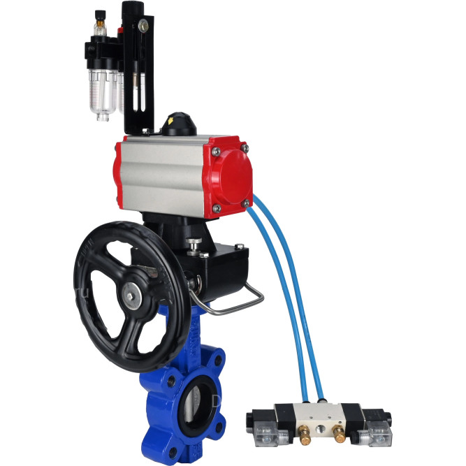 Затвор дисковый поворотный WBV1631E-2W-Fb-H Ду125 Ру16 LUG корпус - чугун QT450, диск - нержавеющая сталь 304, уплотнение - EPDM, с пневмоприводом PA-DA-105, пневмораспределителем 4V320-10 AC220V, редуктором MON3-700-T38-ISO и БПВ AFC2000 в Барнауле