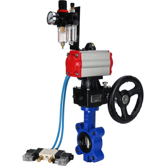 Затвор дисковый поворотный WBV1631E-2W-Fb-H Ду125 Ру16 LUG корпус - чугун QT450, диск - нержавеющая сталь 304, уплотнение - EPDM, с пневмоприводом PA-DA-105, пневмораспределителем 4V320-10 AC220V, редуктором MON3-700-T38-ISO и БПВ AFC2000 в Барнауле