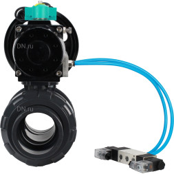 Кран шаровой BV4242E-FP-GRM-ISO Дн100 Ру10 полнопроходной, корпус - НПВХ, шар - НПВХ, уплотнение - EPDM, с пневмоприводом PA-DA-105-1, пневмораспределителем 4V320-08 AC220V и магнитным переключателем ALS200D