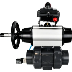 Кран шаровой BV4242E-FP-GRM-ISO Дн15 Ру10 полнопроходной, корпус - НПВХ, шар - НПВХ, уплотнение - EPDM, с пневмоприводом PA-DA-105-1, пневмораспределителем 4V320-08 AC220V и БКВ APL-410N EX