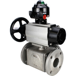 Кран шаровой BV3232P(4pc)-FP-3WL-F Ду100 Ру16 полнопроходной трехходовой, фланцевый, корпус - нержавеющая сталь SS316, с пневмоприводом PA-DA-105-1 двойного действия, пневмораспределителем 4V320-10 AC220V и БКВ APL-510N EX