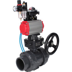 Кран шаровой BV4242E-FP-GRM-ISO Дн20 Ру10 полнопроходной, корпус - НПВХ, шар - НПВХ, уплотнение - EPDM, с пневмоприводом PA-DA-052, пневмораспределителем 4V320-08 AC220V, ручным дублером MON1-250-T26-ISO, БКВ APL-210N и БПВ AFC2000
