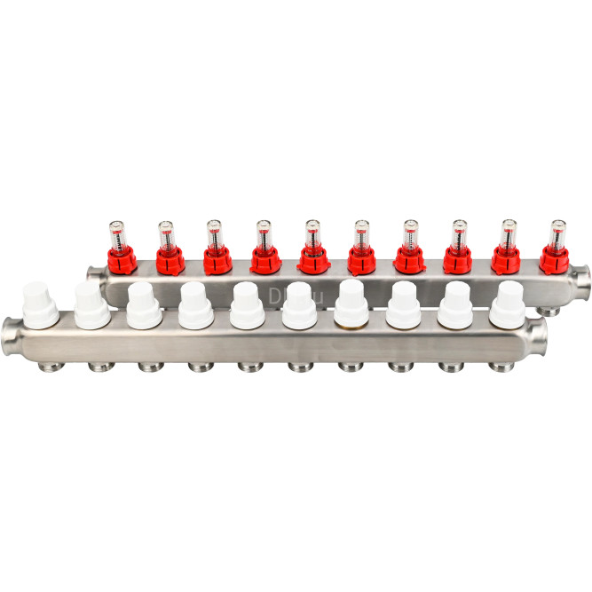 Коллекторная группа GC1-31-10 1″ Ду25 Ру10 отводов — 10, в сборе с расходомерами и терморегулирующими клапанами, без переходников, корпус - нержавеющая сталь AISI 304 в Барнауле