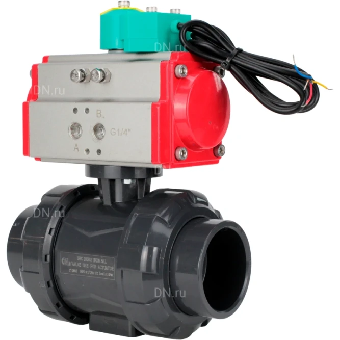Кран шаровой BV4242E-FP-GRM-ISO Дн32 Ру10 полнопроходной, корпус - НПВХ, шар - НПВХ, уплотнение - EPDM, с пневмоприводом PA-SA-052 и магнитным переключателем ALS200D в Барнауле