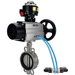 Затвор дисковый поворотный WBV3232N-2W-Fb-H Ду150 Ру16, корпус - нержавеющая сталь 316L, диск - нержавеющая сталь 316L, уплотнение - NBR, с пневмоприводом PA-DA-105-1 двойного действия, с пневмораспределителем 4V320-10 AC220V, с БКВ APL-510N EX