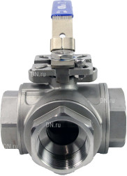 Кран шаровой BV3232P(4pc)-SP-3WT-T-ISO-H Ду40 Ру63, 3-ходовой T-тип стандартнопроходной, внутренняя резьба, уплотнение - PTFE, материал корпуса - нержавеющая сталь SS316 с ISO фланцем и рукояткой