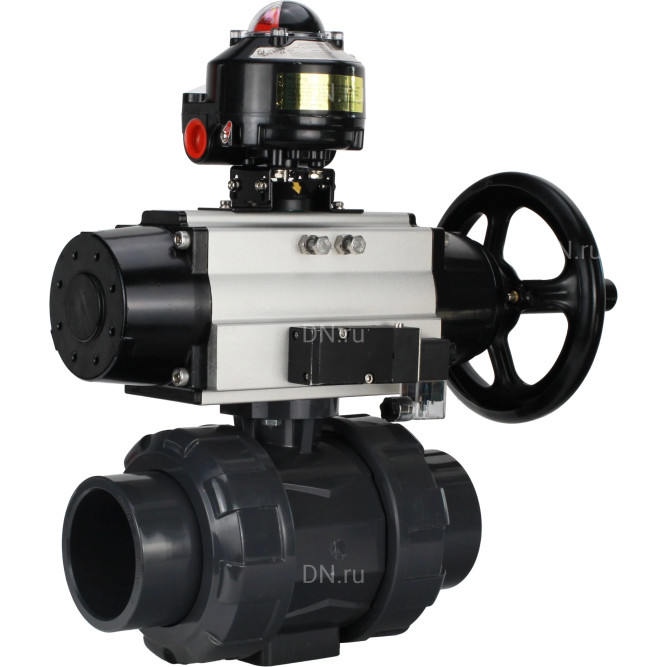Кран шаровой BV4242E-FP-GRM-ISO Дн20 Ру10 полнопроходной, корпус - НПВХ, шар - НПВХ, уплотнение - EPDM, с пневмоприводом PA-DA-105-1, пневмораспределителем 4M310-08 DC24V и БКВ APL-510N EX в Барнауле