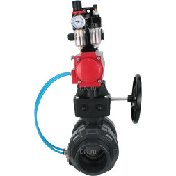 Кран шаровой BV4242E-FP-GRM-ISO Дн32 Ру10 полнопроходной, корпус - НПВХ, шар - НПВХ, уплотнение - EPDM, с пневмоприводом PA-DA-052, пневмораспределителем 4V320-08 AC220V, ручным дублером MON1-250-T26-ISO, БКВ APL-210N и БПВ AFC2000