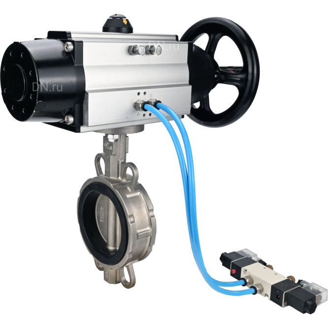 Затвор дисковый поворотный WBV3232V-2W-Fb-H Ду150 Ру16, корпус - нержавеющая сталь 316L, диск - нержавеющая сталь 316L, уплотнение - Viton, с пневмоприводом PA-DA-105-1, пневмораспределителем 4M320-08 AC220V в Барнауле