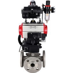 Кран шаровой BV3232P(4pc)-FP-3WL-F Ду25 Ру16 полнопроходной трехходовой, фланцевый, корпус - нержавеющая сталь SS316, пневмопривод PA-DA-052, пневмораспределитель 4M310-08 AC220V, БКВ APL-410N EX, ручной дублер MON1-250-T26-ISO и БПВ AFC2000