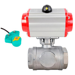 Кран шаровой BV3232P(4pc)-SP-3WL-T-ISO-H WDVF Ду40 Ру63 стандартнопроходной, 3-ходовой L-тип, внутренняя резьба, корпус - нержавеющая сталь AISI 316, уплотнение - PTFE, с пневмоприводом PA-DA-083 и магнитным переключателем ALS200D