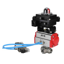 Кран шаровой BV3232P(4pc)-SP-3WL-T-ISO-H Ду25 Ру63, стандартнопроходной, четырехсоставной, корпус - нержавеющая сталь 316, уплотнение - PTFE, внутренняя резьба, с пневмоприводом PA-SA-052, пневмораспределителем 4V320-10 AC220V, БКВ APL-410N Ex
