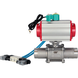Кран шаровой BV3131P(3pc)-FP-W-ISO-H LONG Ду15 Ру63 полнопроходной, корпус - нержавеющая сталь 304, уплотнение - PTFE, под приварку, с пневмоприводом PA-DA-052, пневмораспределителем 4V320-08 AC220V и магнитным переключателем ALS200D
