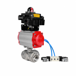 Кран шаровой BV3232P(4pc)-SP-3WL-T-ISO-H WDVF Ду65 Ру40 стандартнопроходной, 3-ходовой L-тип, внутренняя резьба, нержавеющая сталь AISI 316, PTFE, с пневмоприводом PA-DA-105, пневмораспределителем 4V320-10 AC220V и БКВ APL-410N EX