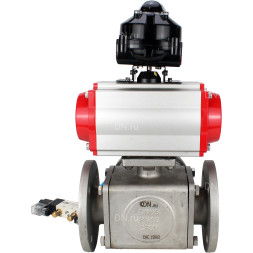 Кран шаровой BV3232P(4pc)-FP-3WL-F Ду80 Ру16 полнопроходной трехходовой, фланцевый, корпус - нержавеющая сталь SS316, с пневмоприводом PA-SA-140 с возвратными пружинами, пневмораспределителем 4V320-10 AC220V и БКВ APL-510N EX