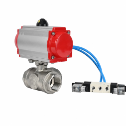 Кран шаровой BV3232P(4pc)-SP-3WL-T-ISO-H WDVF Ду65 Ру40 стандартнопроходной, 3-ходовой L-тип, внутренняя резьба, корпус - нержавеющая сталь AISI 316, уплотнение - PTFE, с пневмоприводом PA-SA-140 и пневмораспределителем 4V320-10 AC220V