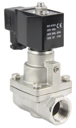 Клапан электромагнитный VS1031-PT-NC-220VAC 1/2″ Ду15 Ру16 соленоидный двухходовой поршневой, резьбовой, корпус - нержавеющая сталь AISI 304, уплотнение - PTFE, пилотного действия, нормально закрытый, катушка - 220В AC