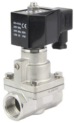 Клапан электромагнитный VS1031-PT-NC-220VAC 1/2″ Ду15 Ру16 соленоидный двухходовой поршневой, резьбовой, корпус - нержавеющая сталь AISI 304, уплотнение - PTFE, пилотного действия, нормально закрытый, катушка - 220В AC