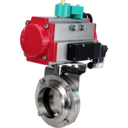 Затвор дисковый поворотный WBV3131S-2W-W-H Ду15 Ру10 под приварку, пищевая нержавеющая сталь 304, уплотнение - Silicon, с пневмоприводом PA-DA-052, пневмораспределителем 4M310-08 DC24V и магнитным переключателем ALS200D