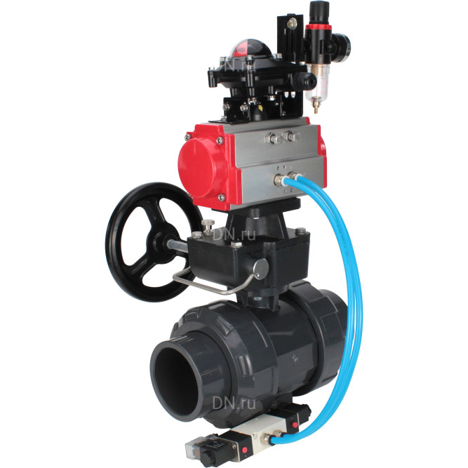 Кран шаровой BV4242E-FP-GRM-ISO Дн80 Ру10 полнопроходной, корпус - НПВХ, шар - НПВХ, уплотнение - EPDM, с пневмоприводом PA-DA-065, пневмораспределителем 4V320-08 AC220V, ручным дублером MON1-250-T26-ISO, БКВ APL-210N и БПВ AFC2000 в Барнауле
